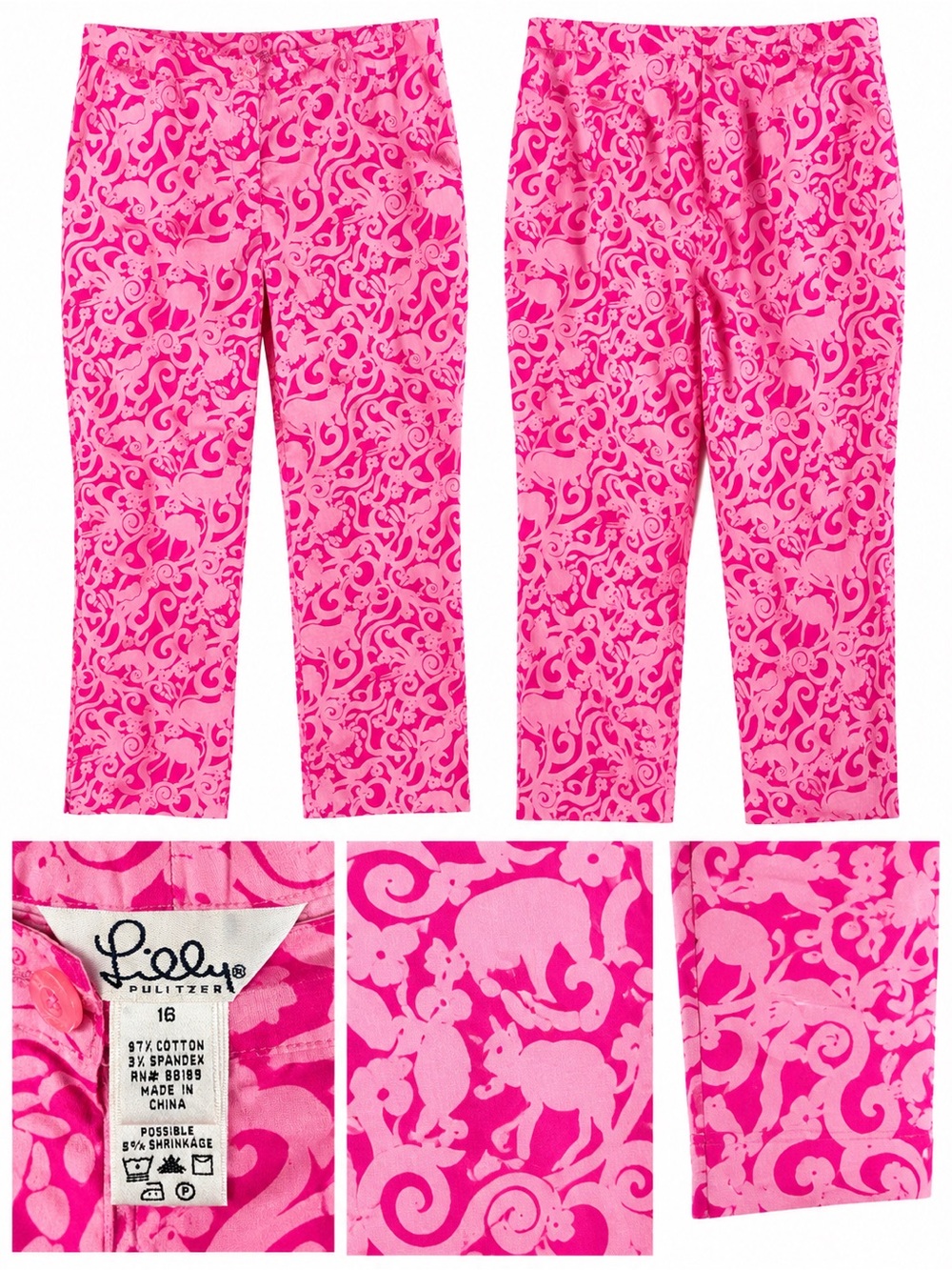 Vintage Lilly Pulitzer Pink Animal Print Pants Size 16 Cotton Stretch Y2K